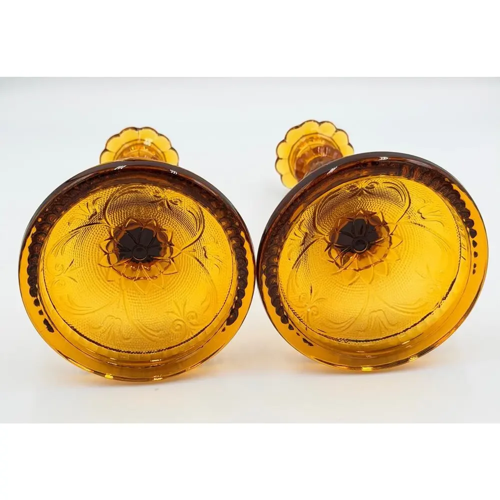 Brockway Indiana Glass Large Tiara Amber Sandwich Candlesticks 9